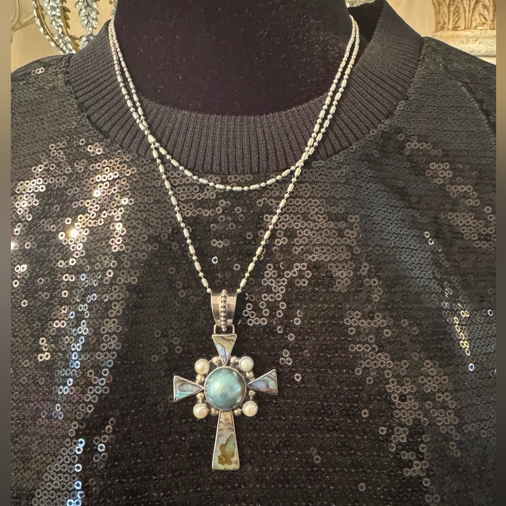 Vintage Rare Merav Thailand 925 Marble Pearl Abalone Cross Pendent Necklace